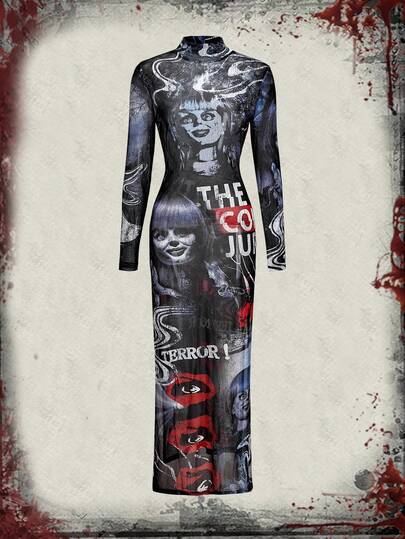 The Conjuring X ROMWE Horror Halloween Figure Graphic Mesh Sheer High Slit Dress