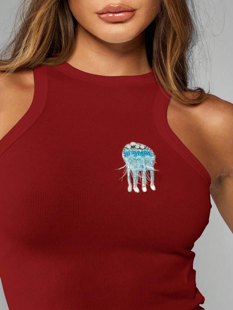 MISSGUIDED Sleeveless Knit Crop Top With Jellyfish Applique Detail High Neck Ribbed Tank Fashion Summer Beach Party Festival Stylish Casual Resort Wear