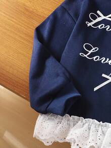 Genkimix Kids Tween Girls' Fashion Korean Style Simple English Letter Slogan Print 3D Ribbon Bow Decor Contrast Color Patchwork Ruffle Trim Navy Blue Sweatshirt Crew Neck Pullover For Autumn Fall Winter - Royal Blue - View 4
