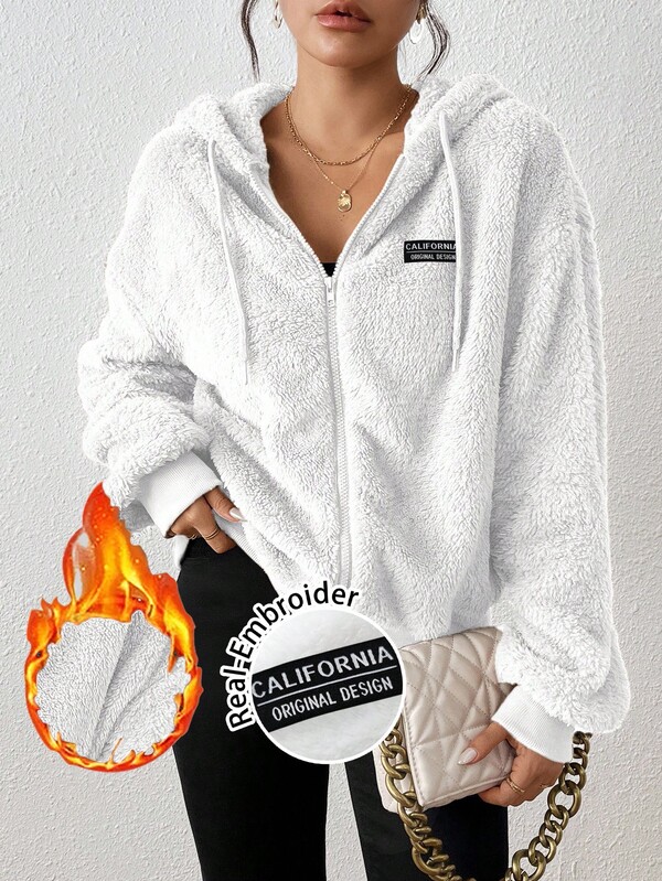 SHEIN Essnce Felpa con cappuccio in pile reversibile con chiusura lampo, con ricamo di lettere inglesi minimalista casual, adatta per autunno/inverno