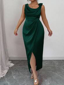 Elenzga 加大码女式梭织面料长款飘逸领缎面褶饰腰部无袖夏季优雅花卉装饰高开叉紧身派对鸡尾酒会连衣裙 - 墨綠色 - 查看 5