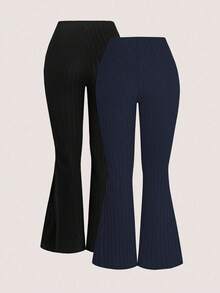 Franclia 加大码弹力针织喇叭裤，秋冬喇叭裤，女士罗纹喇叭裤，2条装喇叭裤 - 彩色 - 查看 2