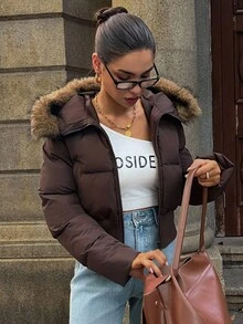 Women's Fluffy Trim Hooded Padded Coat, Winter Jacket - Coffee Brown - View 1