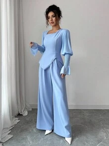 Selianne 2pcs Set: Elegant Romantic Asymmetric Collar Cinched Waist Split Hem Straight Leg Pants, Women Fall Cloth For Women - Dusty Blue - View 5