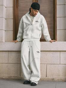 AXEPEAK 2pcs Men's Fluffy Hooded Zip-Up Sweatshirt And Drawstring Pants Set, Fall Clothes, Winter - Apricot - View 1