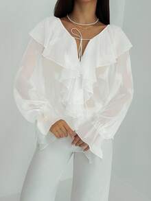 Aloruh 女士荷叶边领前系带喇叭袖宽松时尚衬衫返校季返校季返校季返校季女士返校节白色碎花浪漫荷叶边衬衫气质女神 - 白色 - 查看 7