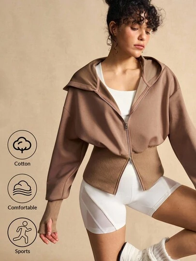 VARSIVA Casual Solid Color Zip-Up Hooded Sports Jacket Brown Yoga Jacket