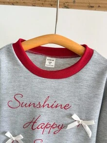 Playful Pals 2 件套年轻女孩运动衫 + 格子不对称下摆裙套装，圆领长袖套头衫，蝴蝶结和字母印花，松紧腰迷你裙，休闲装，时尚可爱，适合日常穿着，秋季新品 - 彩色 - 查看 8