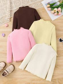SHEIN LMoss Kids Áo thun dệt kim cổ lọ viền rau diếp LMoss Young Girl 4 món, đa năng, thích hợp mặc thường ngày và đi học vào mùa thu đông - Cà phê nâu - Xem 5
