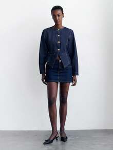 Maija 女式蓝色圆领插肩袖单排扣时尚牛仔夹克 - 深色水洗藍 - 查看 5