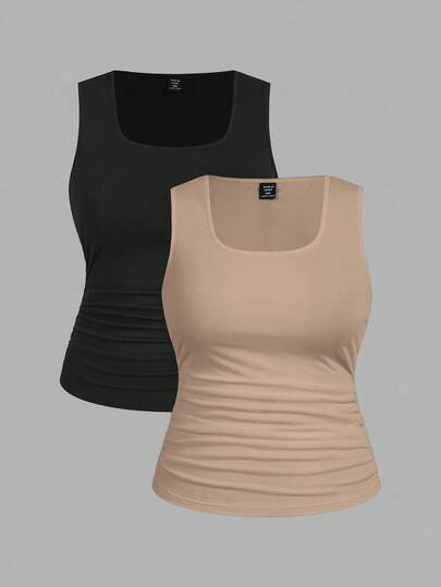 EMERY ROSE 2pcs Casual Solid Color Versatile Fitted Tank Top/Top, Suitable For Plus Size Women In Summer & Autumn