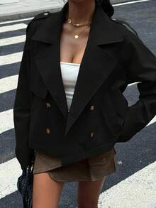 Muchica 女式短款梭织风衣，秋冬款黑色 - 黑色 - 查看 4