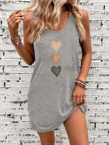 EMERY ROSE Women's Casual Heart Pattern Round Neck Camisole Dress, Suitable For Summer - Light Grey - View 1