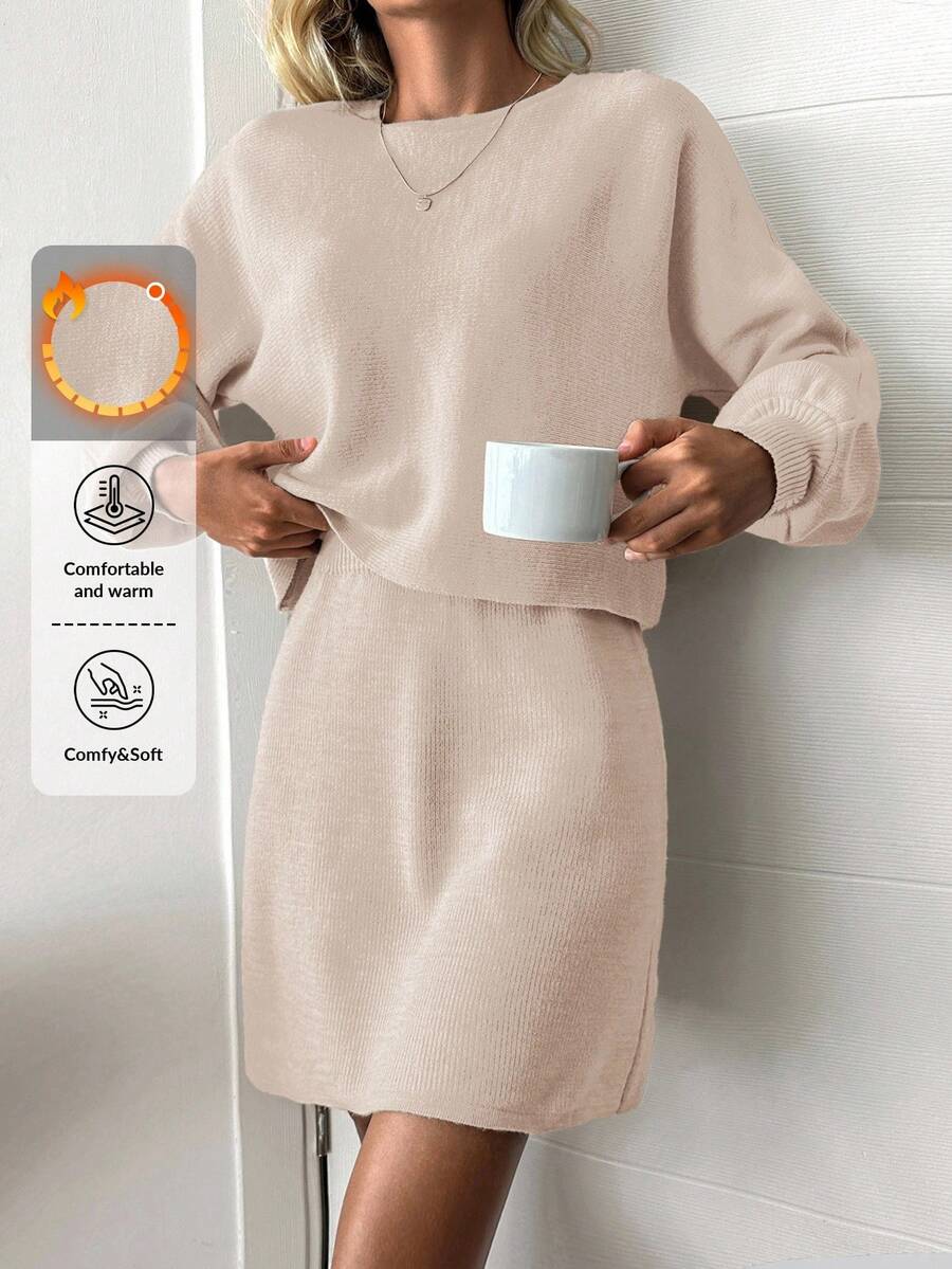 EURMUSE 蝙蝠袖毛衣和針織裙 - 杏色 - 查看 1