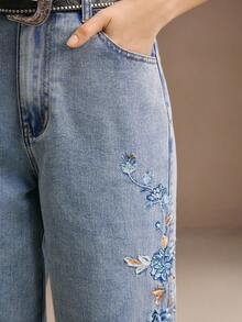 Anewsta Quần Jeans Denim Túi Xiên Thêu Hoa Thường Ngày Cho Nữ - Màu xanh nhạt - Xem 3