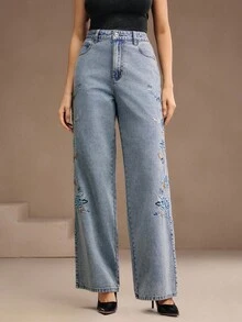 Anewsta Quần Jeans Denim Túi Xiên Thêu Hoa Thường Ngày Cho Nữ - Màu xanh nhạt - Xem 6