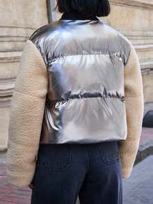 EURMUSE Metallic Puffer Vest, Shiny Down Vest, Cropped Metallic Jacket, Silver Puffer Vest, Glossy Quilted Vest, Metallic Bubble Vest, Shiny Cropped Puffer, Silver Down Vest, Metallic Padded Vest, Glossy Puffer Jacket, Chrome Quilted Vest, Reflective Puffer Vest, Shiny Silver Jacket, Metallic Sleeveless Puffer - Multicolor - View 2