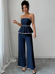 Elenzga Bộ 2 món đồ thời trang cho nữ áo bandeau và quần ống rộng - Màu xanh hải quân - Xem 6