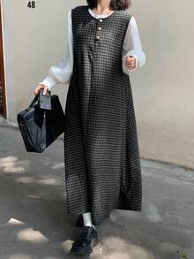 FRIFUL 女士纽扣半襟格子圆领无袖休闲宽松长款连衣裙 - 灰色 - 查看 2