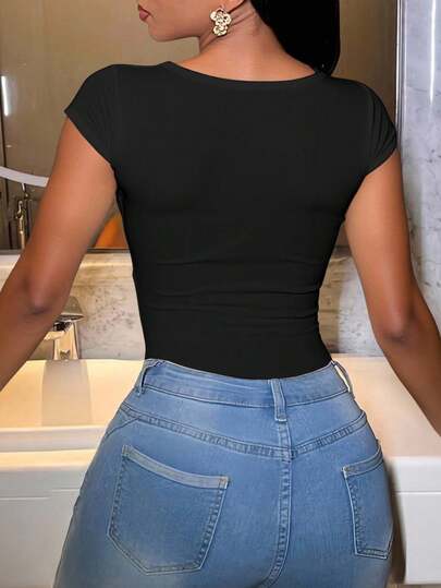 INAWLY Sexy Fitted Low-Cut Ribbed Bodysuit For Plus Size Women