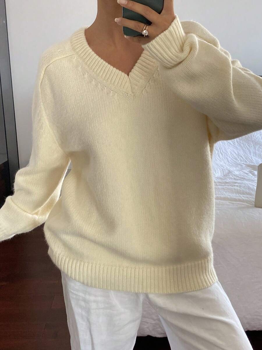 DAZY Women's Loose Casual Solid Color Basic Sweater, Autumn/Winter - Beige - View 1