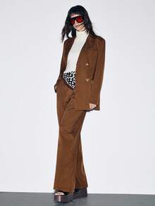 SHEIN Luminelle 女士秋季金属纽扣垫肩棉质休闲长款西装外套和裤子套装 - 鏽棕色 - 查看 7
