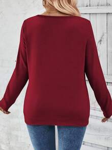 EMERY ROSE 女式V领长袖侧扣装饰褶皱柔软针织休闲毛衣，秋冬 - 酒紅色 - 查看 2