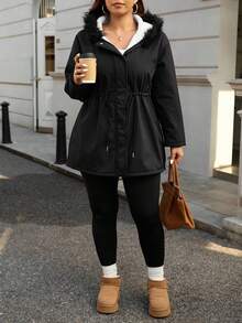 SHEIN Essnce Chaqueta de invierno con capucha de piel sintética, de talla grande para mujer, de unicolor, de manga larga, con cordón en la cintura y parches, de uso casual