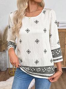 EMERY ROSE Women's Vintage Style Round Neck Long Sleeve Casual Shirt  Casual Blouses For Ladies - Apricot - View 5