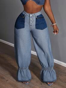 Slaydiva Plus Size Women High Waist Zipper Pocket Ruffle Hem Loose Fashion Jeans - Blue - View 4