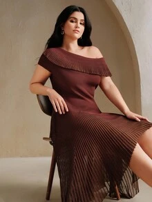 Anewsta Váy ôm vai lệch màu trơn viền bèo nhún cỡ lớn - Màu Tím - Xem 1