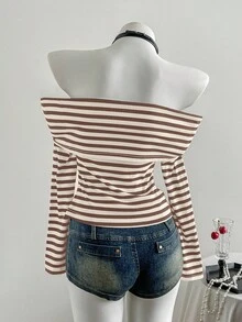 SHEIN Unity 黑白罗纹露肩褶饰纽扣装饰前开衩修身长袖 T 恤，时尚简约优雅，适合通勤、休闲、日常、外出、约会、秋冬 - 棕色 - 查看 2