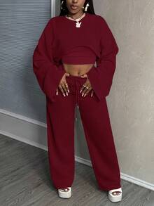 Slaydiva Bộ đồ 3 món cơ bản thường ngày màu trơn gồm áo crop top dài tay, áo hai dây và quần ống rộng cho nữ, quần áo ấm áp mùa thu đông cho nữ, bộ 2 món màu đỏ, bộ đồ hai mảnh thoải mái dài tay cho nữ, bộ đồ mặc nhà 2 mảnh thoải mái cho nữ. - Màu Đỏ Sâu - Xem 6