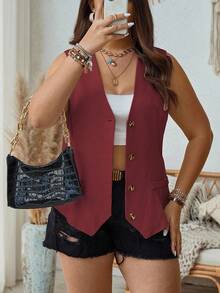 EMERY ROSE Plus Size Women's Solid Color Single-Breasted Casual Lightweight Vest - Burgundy - View 4