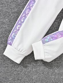 SHEIN 青少年女孩绗缝背心和心形贴花运动衫和裤子休闲保暖实用 3 件套秋冬季服装 - 淡紫色 - 查看 5
