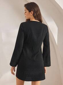 Ocili Bata de mujer de manga larga con cinturón de amarre a la cintura, estilo minimalista con rayas, para otoño e invierno - Negro - Ver 2