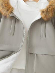 秋冬新款派克大衣外套，带帽和毛领，大口袋，宽松版型，加厚保暖内衬 - 灰色 - 查看 5