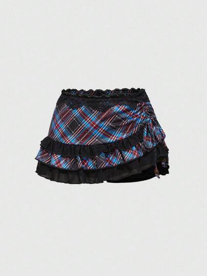 ROMWE Avant Jupe mini asymétrique en style rétro universitaire avec motif en dentelle et patchwork pour femmes