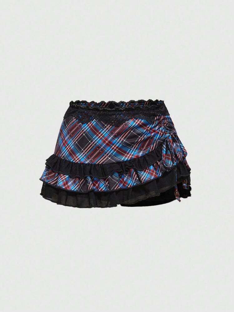 ROMWE Avant Women's Retro Collegiate Style Patterned Lace Patchwork Asymmetrical Mini Skirt - Black - View 1