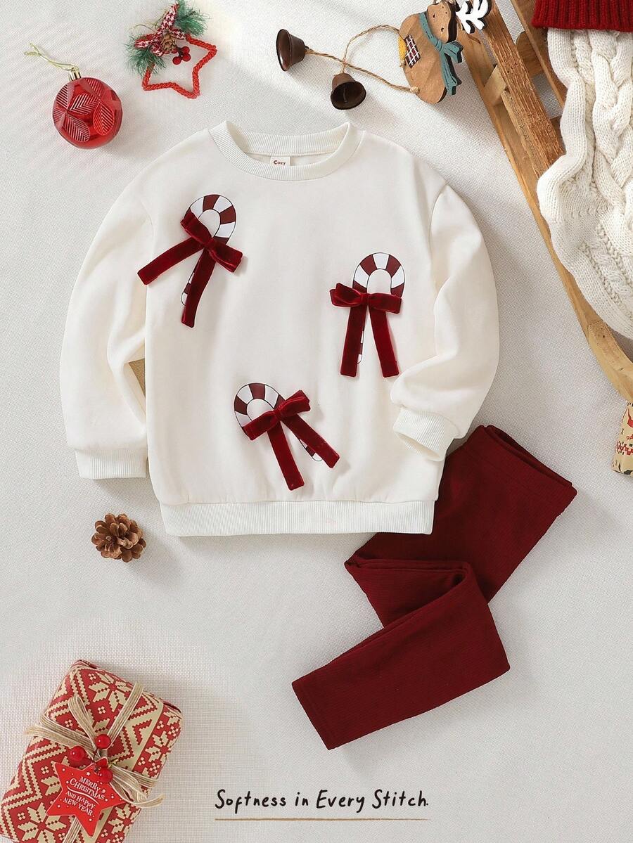 Cozy Pixies 2 Stücke/Set Kleine Mädchen Weihnachten Candy Cane Farbblock Schleife Dekor Rundhals Langarm Kapuzen Sweatshirt und Jogginghose mit elastischem Bund - Rot - Übersicht 1