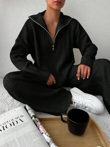 EURMUSE Drop Shoulder Zipper Half Placket Knit Sweater And Knitted Pants Two Piece Set - Black - View 6