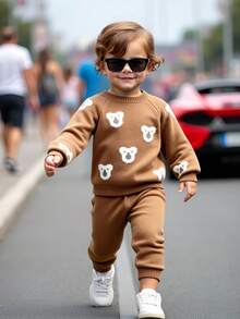 Souflis Souflis Baby Boys Teddy Bear Jacquard Knit Sweater Set, Soft & Thick Fabric, Suitable For Casual Wear, Autumn/Winter Fall - Khaki - View 11