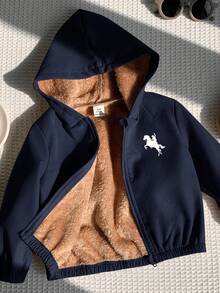 SHEIN 男女通用婴儿休闲连帽羊毛外套，卡其色，适合男婴和女婴，秋冬季 - 藏蓝色 - 查看 9