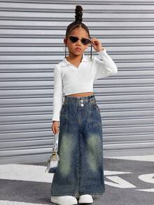 SHEIN 年轻女孩新款度假向日葵荷叶边松紧腰柔软水洗宽松休闲时尚牛仔裤 - 深色水洗藍 - 查看 4