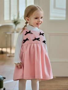 Souflis Souflis 2pcs Baby Girls' French Casual Velvet Ribbed Top & Pink Pinafore Dress Set,Cute Matching Family Pink And White Autumn Outfit With Bow Accent,Toddler - Pink - View 4