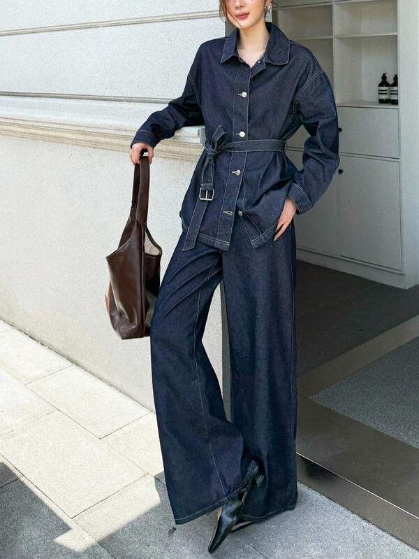 K-Vae Women's Autumn And Winter Dark Denim Blue Old Money Style Denim Jacket And Trousers Set, Daily Teacher Uniform, Korean Style,Alloween Costumes,Chic Autumn