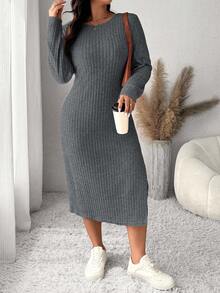 SHEIN Frenchy Plus Size Casual Solid Color Side Slit Dress - Grey - View 5