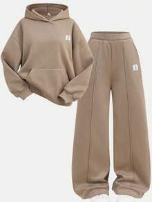 SHEIN Girlism 2 Stücke/Set Teenager Mädchen Solide Braun Locker Lässig Vintage Amerikanischer Stil Englisch Text Grafik Kapuzenpullover Sweatshirt und Jogginghose Trainingsanzug, geeignet für Herbst/Winter, Schulanfang Saison, thermisch gefüttert Teenager Mädchen Braun Set Mädchen Kleidung Set Braun Outfit Set