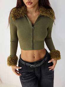 SHEIN PETITE Women's Autumn Patchwork Faux Shearling Collar Zip Front Cropped Slim Fit Lightweight Jacket Winter Tops Women Crop Top Jacket Fur Trim Top Women Crop Jacket Ribbed Crop Top - Army Green - View 5