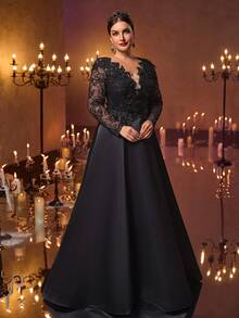 Glamrae Vestido de novia gótico negro extra largo de satén con decoración de encaje transparente, manga larga, elegante y de lujo, talla grande, silueta de línea A, adecuado para boda, festival, fiesta, baile de graduación, vestido de noche (muchas decoraciones), Día de San Valentín - Negro - Ver 7